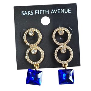 Saks Fifth Avenue Gold Color Earrings with Blue Dangle Accents For Pierced Ears